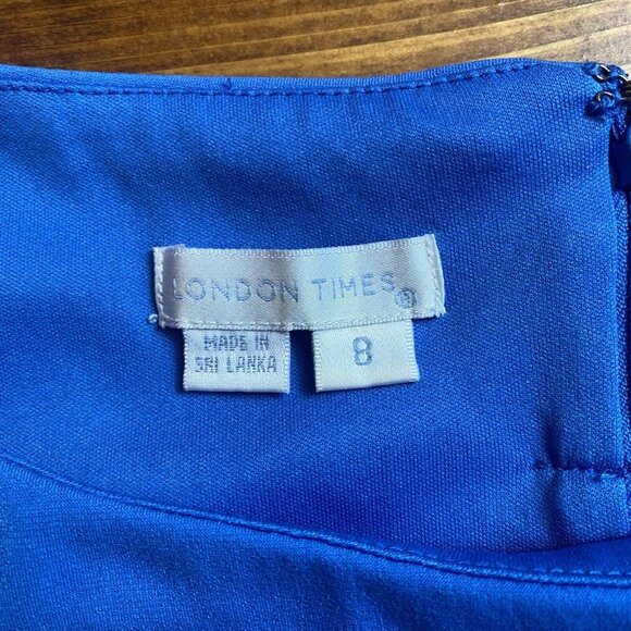 London Times Pencil Dress women’s Blue Textured Curved Lined Short Sleeve Size 8 - Picture 3 of 9